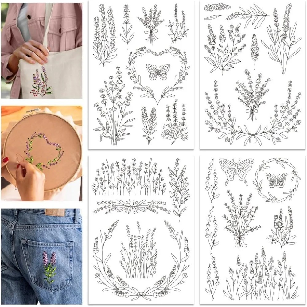 Embroidery Sheet - 4 Sheets Lavender Flower Butterfly Water