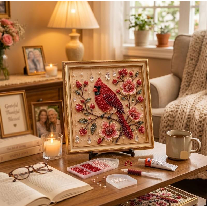 Embroidery Kit Set - Bird Pearl Art DIY Kit Cardinal