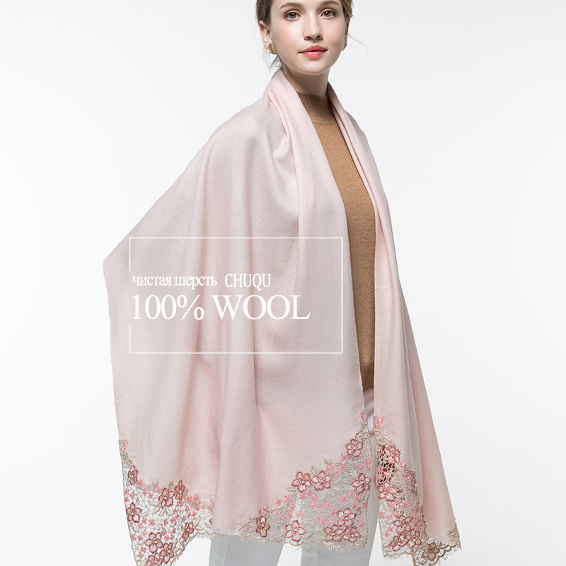 Embroidery Pashmina - 100% Real Wool Pink Scarf Women