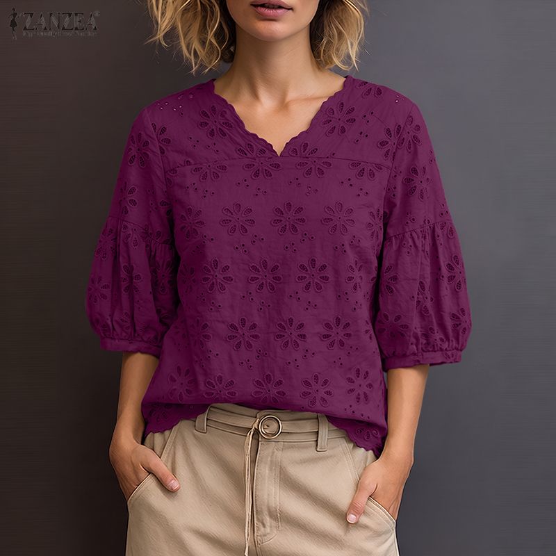 Embroidery Eyelet - ZANZEA 2026 Eyelet Embroidery Blouses Woman