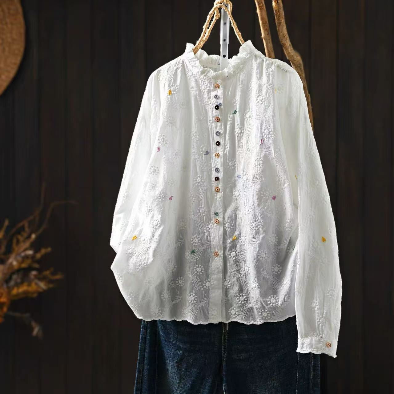 Embroidery Eyelet - Women Ruffled Stand Collar Blouse Floral