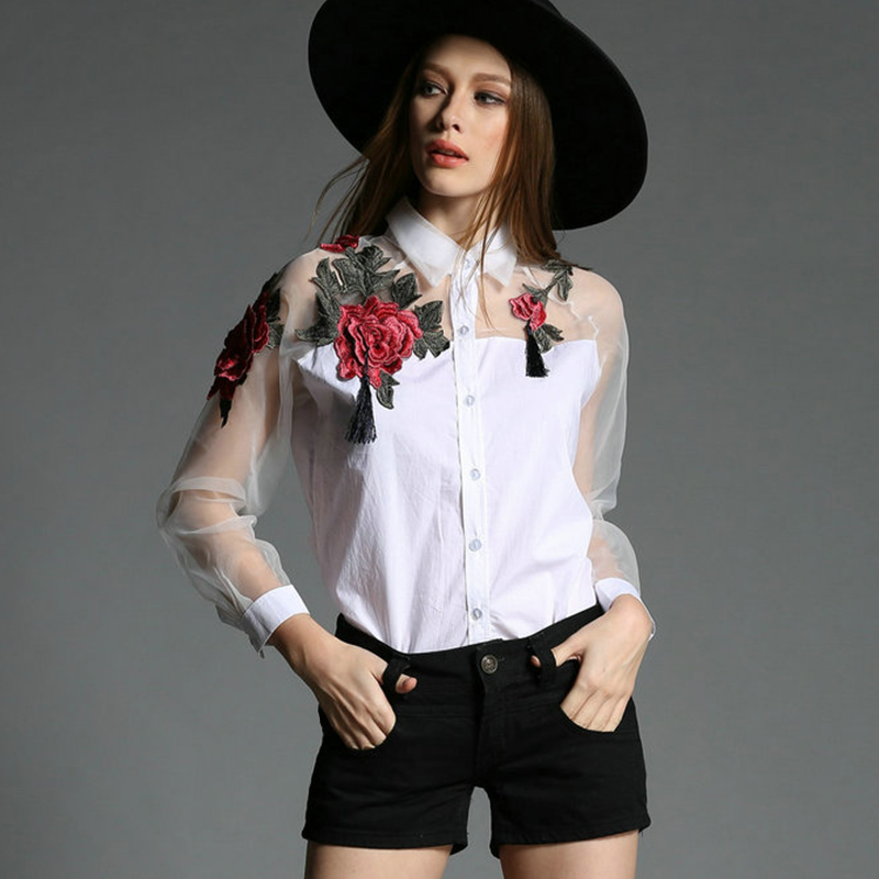 Embroidery Underlay - Womn's Fashion Floral Embroidery chiffon Blouse