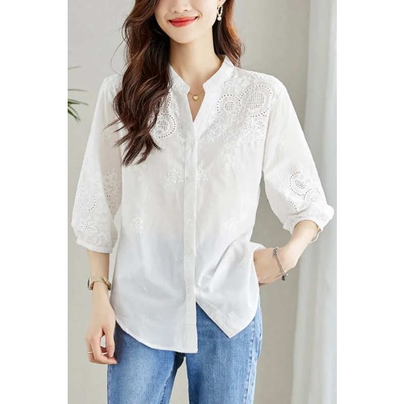 Embroidery Eyelet - Women's White Eyelet Embroidery Blouse with
