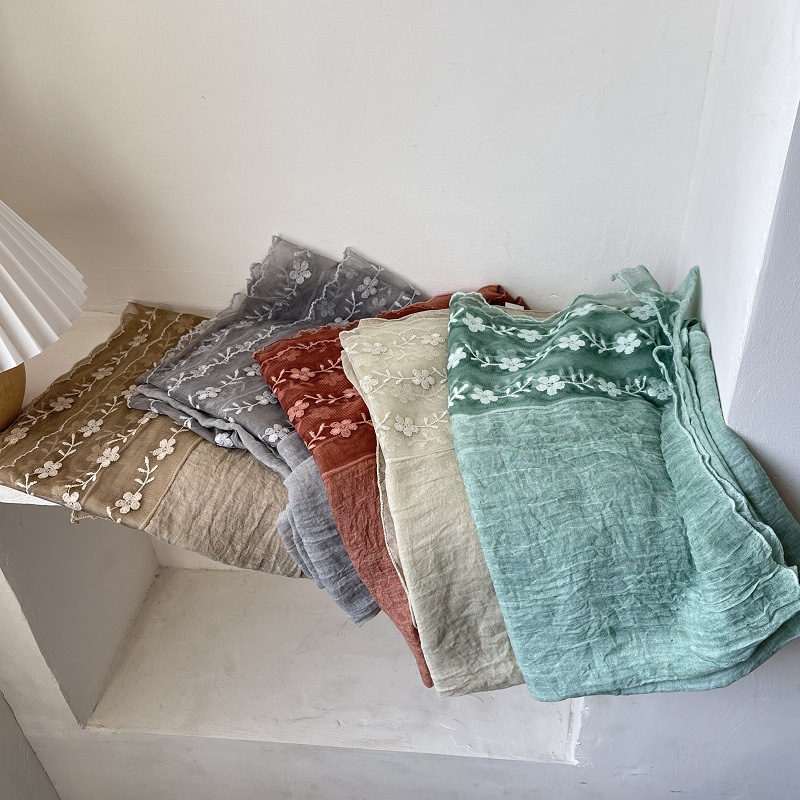 Cotton Linen Lace Splicing Sca - Embroidery Pashmina ulasan dan harga