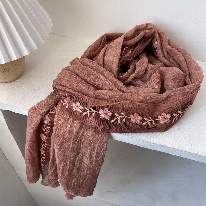 Cotton Linen Lace Splicing Sca - Embroidery Pashmina ulasan dan harga