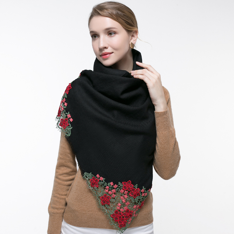 100% Real Wool Pink Scarf Wome - Embroidery Pashmina ulasan dan harga