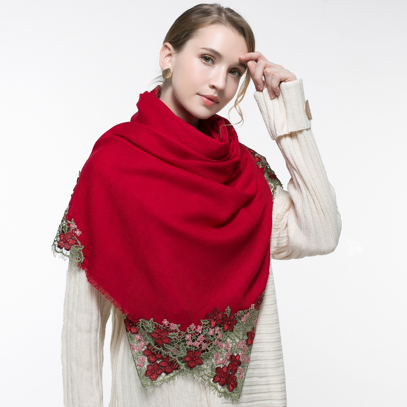 100% Real Wool Pink Scarf Wome - Embroidery Pashmina ulasan dan harga