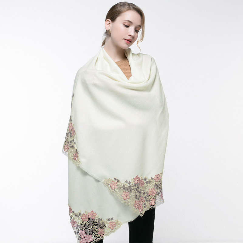 100% Real Wool Pink Scarf Wome - Embroidery Pashmina ulasan dan harga