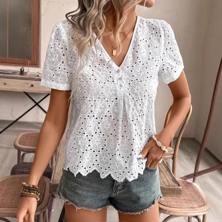 Fashion Women's Blouse Tee Top - Embroidery Eyelet ulasan dan harga