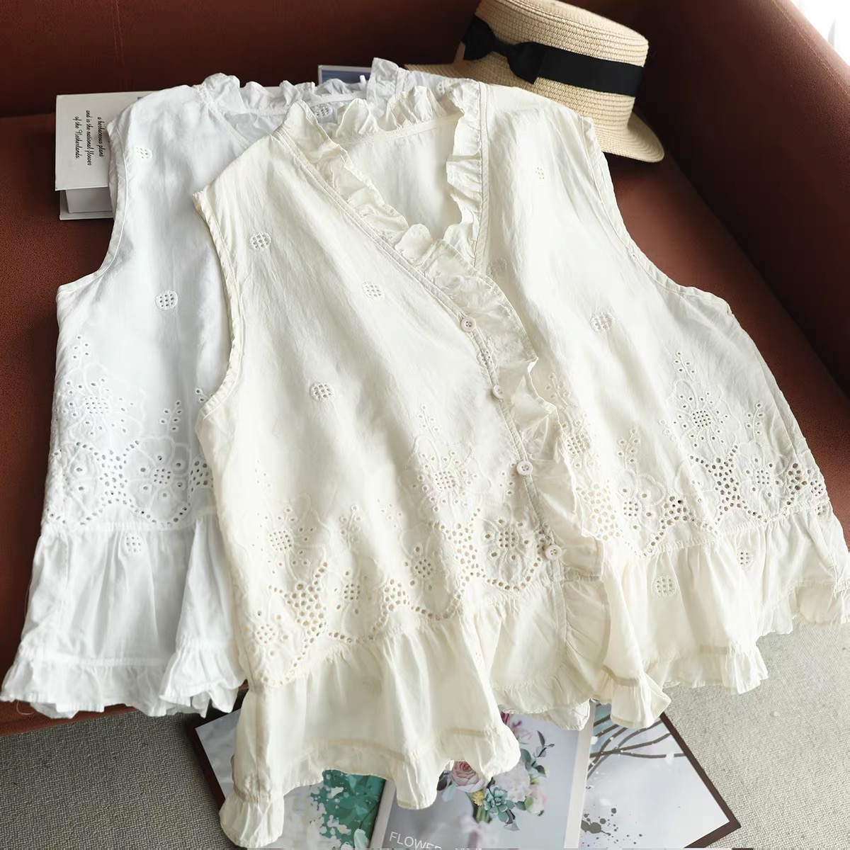 Women Sleeveless Vest Top Ruff - Embroidery Eyelet ulasan dan harga