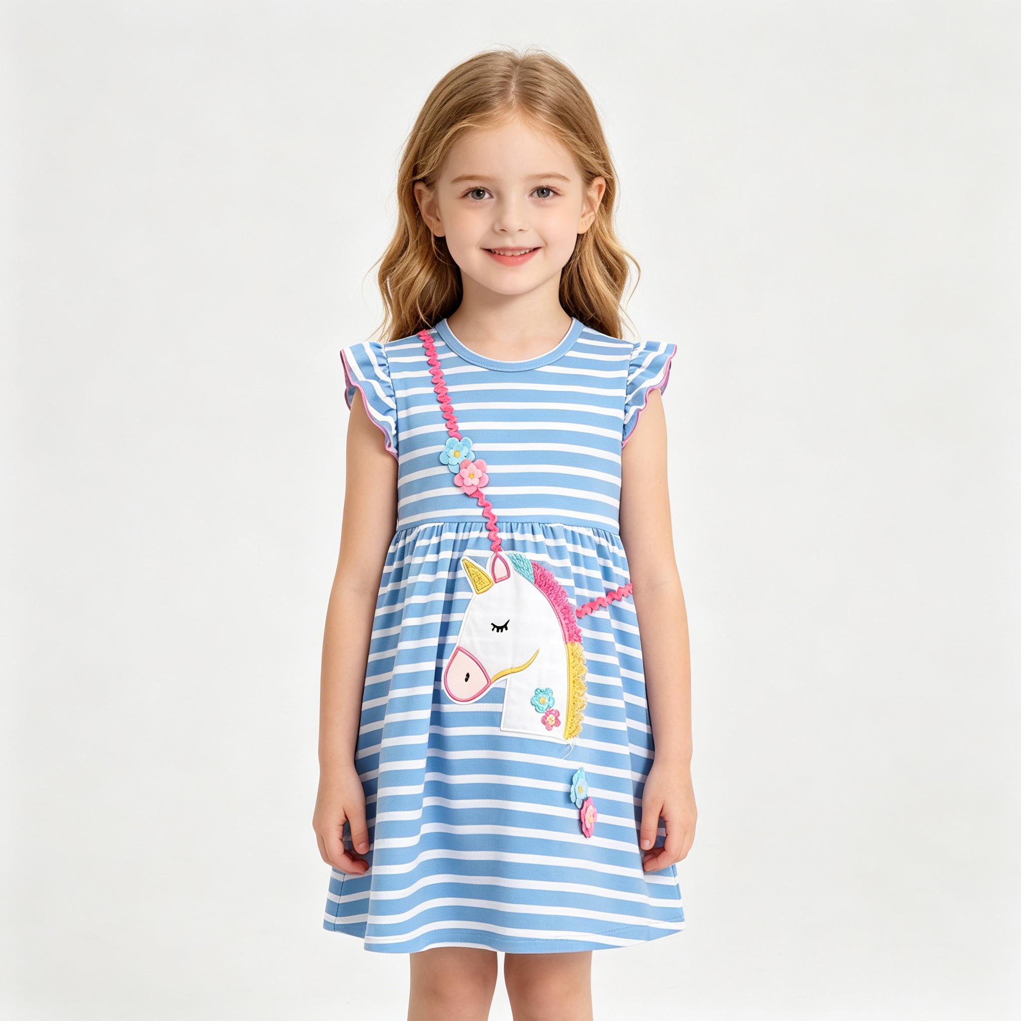 Girls Casual Ruffle Dress Cute - Embroidery Unicorn ulasan dan harga