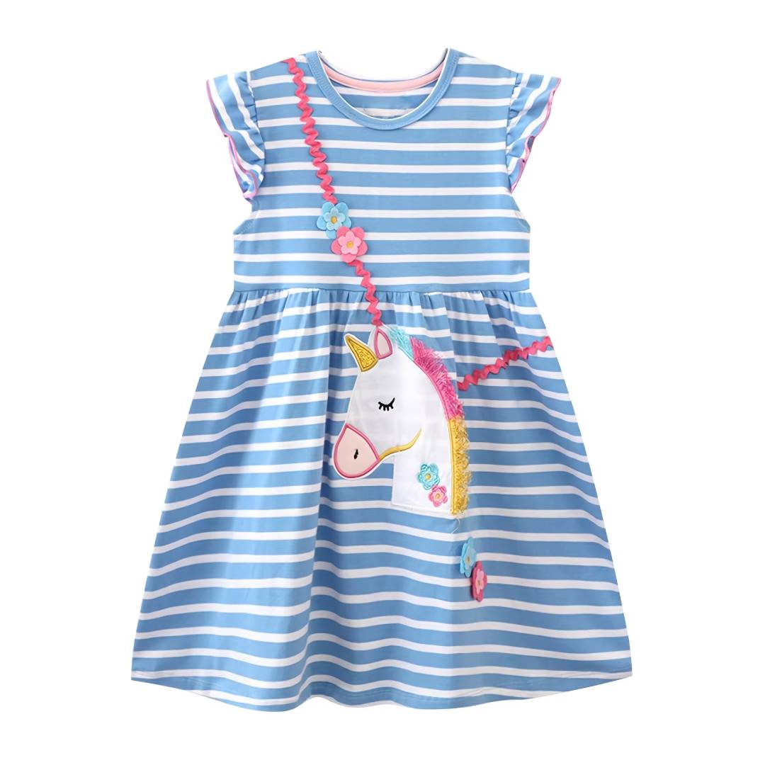 Girls Casual Ruffle Dress Cute - Embroidery Unicorn ulasan dan harga